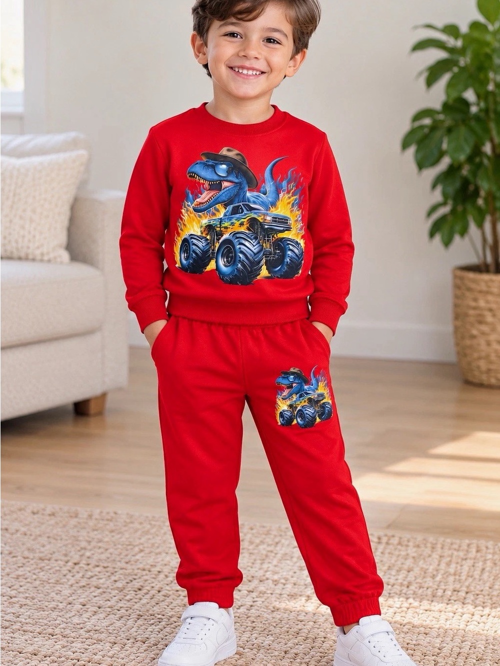 PatPat Red Dino Monster Truck Pajama Set